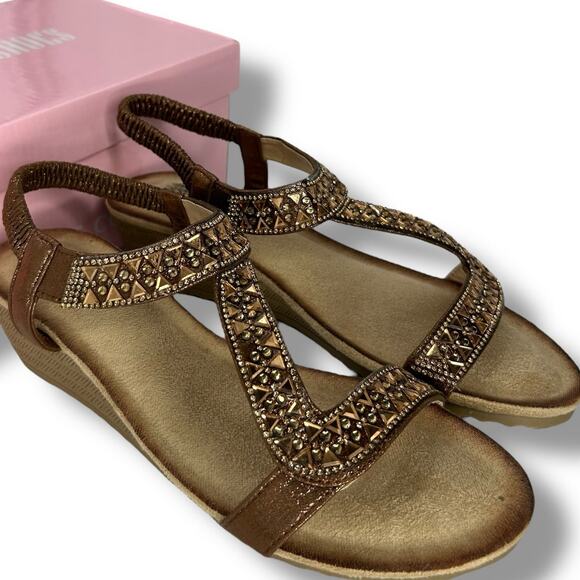 NEW GC Shoes Sandals Size 8 Brown rhinestone Embellished Low Wedge Strappy Boho - Picture 1 of 13